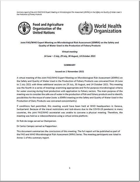 Joint FAO/WHO Expert Meeting on Microbiological Risk Assessment on the Safety and Quality of Water Used in the Production of Fishery Products