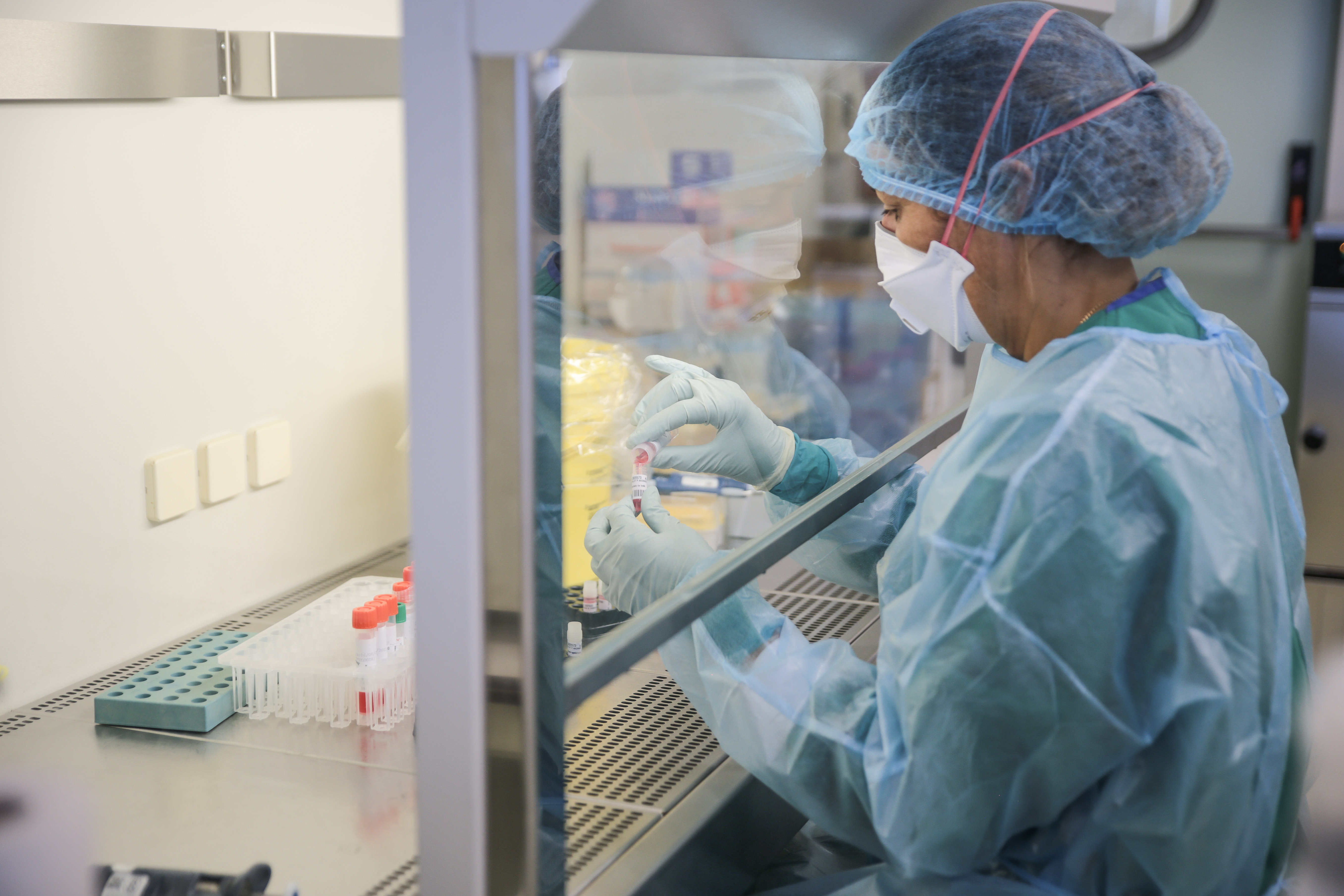 lab_technician_mixes_mpox_samples Lab technician in protective clothing mixes mpox samples in a biosafety cabinet