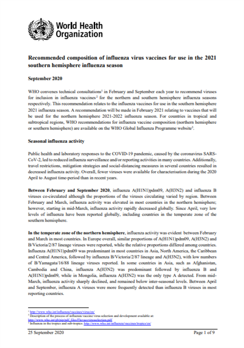 Recommended composition of influenza virus vaccines for use in the 2010-2011 northern hemisphere influenza season