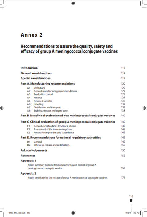 Recommendations to assure the quality, safety and efficacy of Group A Meningococcal Conjugate vaccines, Annex 2, TRS No 962