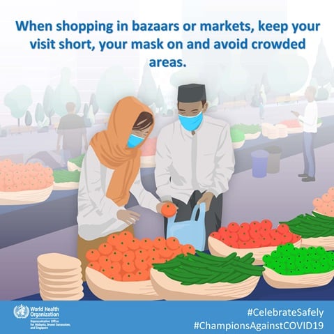 When shopping in bazaars or markets, keep your visit short, your mask on Infographic of text